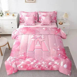 Feelyou Girls Cute Pink Bow Comforter Set Twin Size 7 Pieces Kawaii Bowknot Bedding Set Kids Boys Girls Personalized Initial A Bed in a Bag with Comforter, Sheets, Pillowcases, Cushion Covers Dreamy