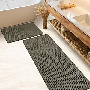 IM HOME Waffle Bath Mat Set 2 Piece Olive Green,Woven Modern Bath Rug Mats, Absorbent Non Slip Bath Floor Mat, Soft Washable Boho Bath Rugs with Tassels for Bathroom, Bedroom, Kitchen,Tub