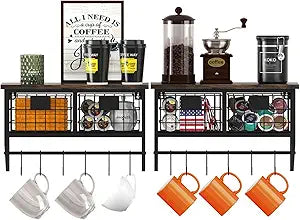Helsin Industrial Wall Mounted Metal Wood Floating Shelves with Baskets Hooks Hanging Display Shelf Sundries Holder for Coffee Bar Kitchen Bathroom Organization and Home Decor, Black (16inch, 2 Sets)