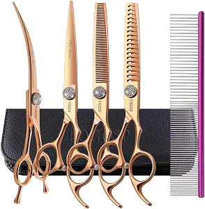7'' Dog Grooming Scissors Set Rose Gold Titanium 4PCS Curved Thinning Straight Chunkers Shears Kit with White Artificial Diamonds Ergonomic Offset Handle Japan 440C Sharp and Durable
