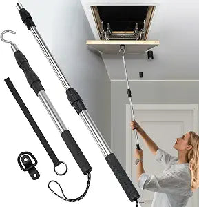 Attic Pull Down Hook, Extendable Attic Pull Rod, Attic Ladder Pull Down System Kit Contains One 40-Inch Telescopic Pole, 1 * D-Ring, 1 * O-Ring with Rope Around It