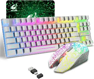 Wireless Membrane Gaming Keyboard and Mouse Set with 87Key Tenkeyless-White