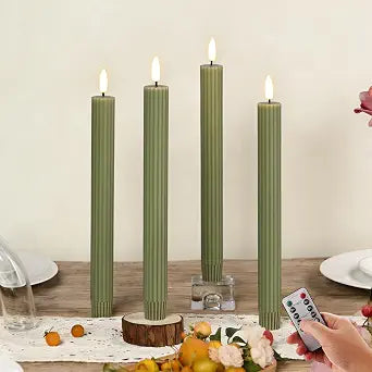 Olive Green Ribbed Flameless Taper Candles with Remote Set of 4
