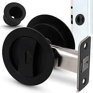 Premium Matte Black Round Pocket Door Lock, Reversible Modern Pocket Door Hardware Design With Pull Handle for Sliding Doors, Bathroom & Bedroom, Fits 1-3/8" to 2-3/16" Thick Doors, 2-3/8" Backset
