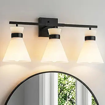 Matte Black Bathroom Vanity Lights, 3-Light Bathroom Light fixtures Over Mirror, Modern Vanity Lighting Fixtures with Frosted Glass Shades E26 Base,Wall Mount Scones for Mirror (Bulbs Not Included)