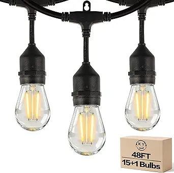 Outdoor String Lights, Super Bright LED - 48FT 15 S14 Bulbs (1 Spare), IP65 Waterproof, Commercial Grade & Shatterproof, Dimmable, UL Listed for Patio, Porch, Backyard, Gazebo
