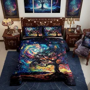 Castle Fairy Tree of Life Comforter Set Starry Galaxy Universe Bedding Set Mystery Outer Space Bedding Home Decor Black Blue Orange Comforter King Size 3 Pieces Quilted Duvet Set with 2 Pillowcase