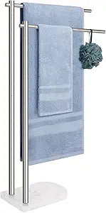 Livabber Standing Towel Rack, 304 Stainless Steel 2-Tier Towel Holder Stand with Marble Base, Modern Stylish Tall Shower Towel Bar for Bathroom Accessories, PoolBrushed Nickel
