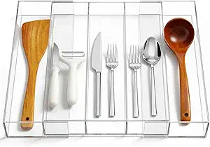 Teenyyou 1 Pack Expandable Kitchen Drawer Organizer Clear Acrylic Utensil Organizer Adjustable Acrylic Silverware Storage for Drawers Silverware Flatware Knives (12 x 16 Inches,3-5 Compartments)