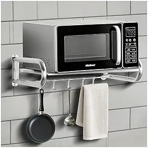 Microwave Shelf Wall Mount,Microwave Wall Shelf with 5 Hooks and 2 Guardrails Wall-Mounted, For Small Microwave to Load Capacity 30kg for Home Kitchen Laundry and Living Room (Metallic silver)