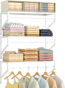 ThreeHio Expandable Closet Shelves Wall Mounted, 3 Pack Closet Shelving with Hanging Rods, Wall Shelving for Walk-in Closet, Hanging Shelves Organizer and Storage for Closet, Laundry