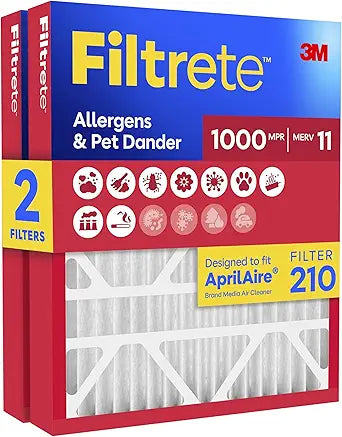Filtrete 210 Air Filter, AprilAire 210 Replacement Filters, MERV 11, MPR 1000, Allergens & Pet Dander, 12-Month AC/Furnace Filter, Cleaner Air, Reliable Airflow, 2 HVAC Filters
