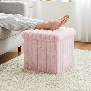 Wenqik Pink Storage Ottoman Cube, Fluffy and Furry Square Foot Rest Stool, Foldable Storage Boxes, Ottoman Seat for Dorm Living Room Bedroom, 15x15x13 Inch, Easy Assembly, Support 265lbs
