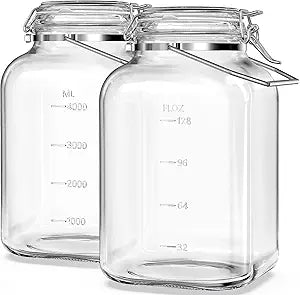 Folinstall 2 Pack 1.5 Gallon Glass Jar with Airtight Lid, 192 oz Square Wide Mouth Mason Jars with Stainless Steel Handle, Large Glass Storage Containers for Canning, Flour, Sugar, Rice, Pickled Eggs