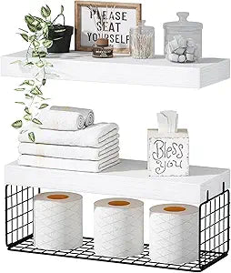 QEEIG Bathroom Shelves Over Toilet - Wall Mounted Floating Shelves Toilet Paper Storage Small Farmhouse Decor Shelf 16 inch Set of 2, White and Black (019-WB2)