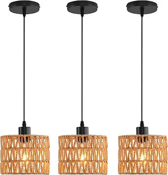 Woven Pendant Light Boho Chandelier, Rattan Pendant Lights Kitchen Island, Farmhouse Pendant Lighting with Hand Woven Wicker Shade, Boho Chandelier Light Fixtures Ceiling Hanging Light