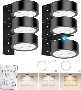 Wireless Magnetic Picture Lights LED Mural Light Rechargeable Battery-Powered Wall Frame Lights with 3 Lighting Modes, Remote Control, and Timer 6Pack Black
