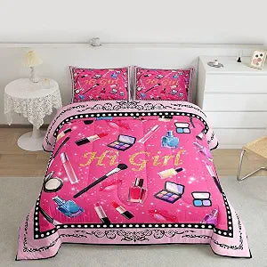 Cosmetic Comforter Twin for Girls Women,Makeup Theme Modern Fashion Girl Lipstick Lip Quilt Comforter with 1 Pillowcase,Giry Pink Print Nail Polish Pattern Bedding Set for Bedroom Living Room