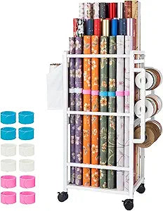 Aquzee Gift Wrapping Paper Organizer Storage, Rolling Gift Wrap Storage Stand, Vertical Wrapping Paper Storage Cart, Ribbon Organizers, 12 PCS Slap Bracelets, Adjustable Rod Design, White