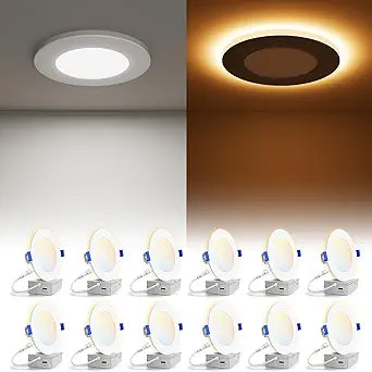 VOLISUN 12 Pack 4 Inch 5CCT Recessed Light with Night Light,Canless LED Recessed Lighting 4 inch,2700K-5000K Selectable,9.5W=80W,810LM Dimmable Recessed Ceiling Wafer Light,ETL Certificated