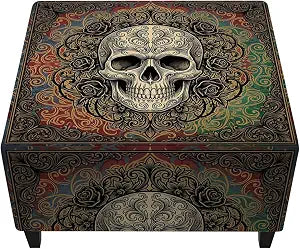 Halloween Ottoman Cover Square, Skull Stretch Ottoman Slipcover, Footrest Stool Cover Protector with Nonslip Elastic Bottom Removable Washable