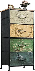 WLIVE Dresser with 4 Drawers, Storage Tower, Organizer Unit, Fabric Dresser for Bedroom, Hallway, Entryway, Closets, Vintage Furniture with Sturdy Steel Frame, Wood Top, Pull Handle, Floral Painted
