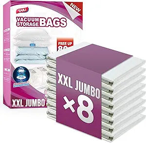 TAILI 8 Pack Vacuum Storage Bags for Comforter and Blankets, XXL Jumbo Vacuum Seal Bags for Bedding (47x39 Inch), Huge Space for Toy, Bedding, Pillows, Save More Closet Space