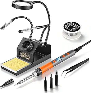 Soldering Iron Kit, 100W High Power LCD Digital Solder Iron Pen, Fast Heating Soldering Tool with Magnifying Glass and Helping Hands, Iron Tips, Solder Wire, Tweezer, Automatic Sleep Mode