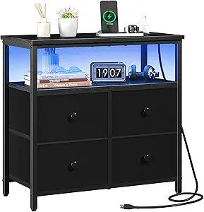 Yoobure Night Stand with Charge Station, Nightstand with 4 Drawers Bedside Table, LED Dresser with Storage Shelf, Night Stands for Bedroom, Side Table 3-Tier Wood End Table for Home, Office Black