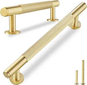 QOGRISUN 5-Pack Solid Brass Cabinet Pulls, Grooved Gold Bar Handles, 5-Inch Hole Center for Kitchen Drawer Dresser Cupboard, 6.5-Inch Total Length, Brushed Brass Finish  Eleganza