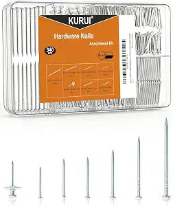 KURUI 7 Sizes Picture Hanging Nails Assortment Kit, 340 Pcs Galvanized Nails Including Common Nail, Finishing Nails & Double Headed Nail, Small & Long Nail for Hanging Pictures, Wall Art, Home Decor