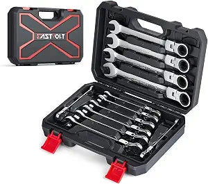 Eastvolt 12-Piece Flex-Head Ratcheting Wrench Set, Metric 8mm-19mm, Combination Ended Spanner kits, Chrome Vanadium Steel with Toolbox, EVHT1201