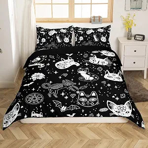 Cat Skeleton Duvet Cover Set King Size Halloween Theme Gothic Bedding Set for Kids Teens Room Decor Galaxy Starry Comforter Cover Pet Animals Flower Quilt Cover,2 Pillowcases,No Comforter