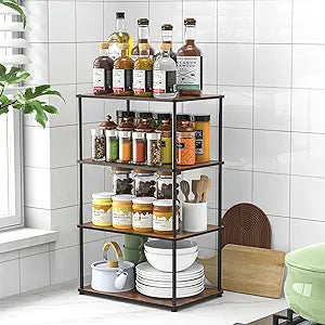 Countertop Spice Rack, Stackable Wood & Metal Pantry Cabinet Shelf Organizer Storage, 4-Tier or Split into 22-Tier, Multi-Use for Kitchen Bathroom Desktop Home Office, Rustic Brown