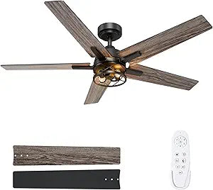 52 Inch Black Caged Ceiling Fans with Lights and Remote, Reversible, 3CCT, Dimmable, Noiseless, Double-Sided 5 Blades Ceiling Fan for Bedroom, Farmhouse, Living Room, No Light Bulbs Included