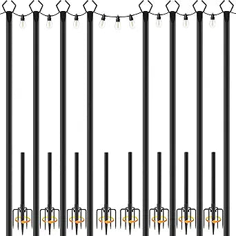 Mutovlin 8 Pack String Light Poles,10 Ft Light Poles for Outside String Lights,Outdoor Lights Pole with Fork,Metal Poles Stand for Patio Deck Backyard