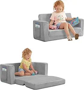Dream On Me Nestle Kids Sofa in Grey, 2-in-1 Convertible Sofa to Lounger, Low to Floor Design, Machine Washable Fabric Cover