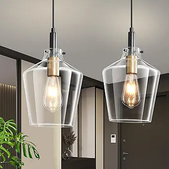 Modern Glass Pendant Lighting for Kitchen Island 2 Pack, Farmhouse Black and Gold Pendant Light Fixtures, Adjustable Hanging Ceiling Light, Angled Clear Glass Shades 8 Inch