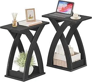 HOOBRO End Table Living Room Set of 2, Narrow Side Table for Small Spaces, Black 3 Tier End Table with Storage Shelf, X-Design Slim Nightstand Bedside Table, Living Room, Bedroom, Black BK356BZP201