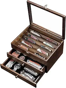 Knife Display Case, Knife Collection Display Holder with Glass Lid, 3-Layer Wooden Pocket Knife Case with Drawers
