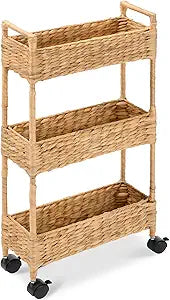Best Choice Products 3-Tier Slim Water Hyacinth Rolling Nursery Caddy w/Wheels, Handwoven Utility Cart, Narrow Storage Organization for Bathroom, Craft Room, Laundry Room - Natural