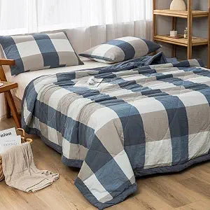 NTCOCO Summer Lightweight Comforter Set,Thin Quilt,100% Washed Cotton,Machine Washable,Soft Comfy Breathable Can Sleep Naked(Queen,Blue White Grey Grid