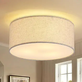 Flush Mount Ceiling Lights, 12.6" Drum Fabric Linen Shade Fixture