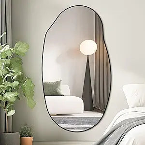Mirrorons Irregular Wall Mirror 5128, Black Asymmetrical Bathroom Mirror, Oval Aesthetic Full Length Mirror, Shatterproof Black Bathroom Mirrors