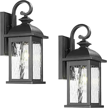 Outdoor Wall Lights 15 Inch Waterproof Porch Lights Outdoor Matte Black Outside Light Fixtures for House with Water Ripple Glass E26 Socket 2 Pack
