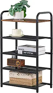Narrow Shoe Rack, with Heavy-Duty Metal Grid, Rustic Wooden Top, & Metal Guardrails - Transform Your Space with Style and Functionality Living Room, Kitchen, Bedroom, Garage, & Bathroom