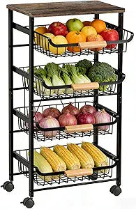 5-Tier Utility Kitchen Cart Storage with Pull-Out Baskets and Wood Top,Heavy Duty Multi Rolling Pantry Kitchen Cart on Wheels for Fruit Potato Onion Vegetable Snack Produce,Black