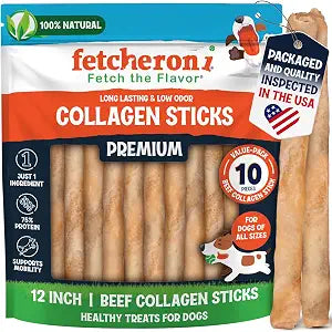 Fetcheroni 12" Collagen Sticks for Dogs  Low Odor Long-Lasting Bully Stick & Rawhide Alternative, Single Ingredient Beef Bone, High Protein Dental Treat, Vet Approved, Improves Joint Health  10 Pack