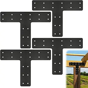 4 Pack T Post Timber Frame Brackets, 14"x10" T Flat Mending Plate Fit 4x4,6x6 Lumber, Post to Beam Connector with Black Powder-Coated for Fixing, Repairing, Strengthening