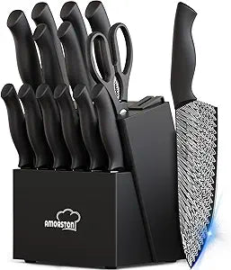 Amorston 15-Piece Kitchen Knife Set with Built-in Sharpener Block, German High-Carbon Stainless Steel Knives, Laser-Etched Blades, Dishwasher Safe, Ergonomic Handles, Elegant Gift for Modern Kitchens